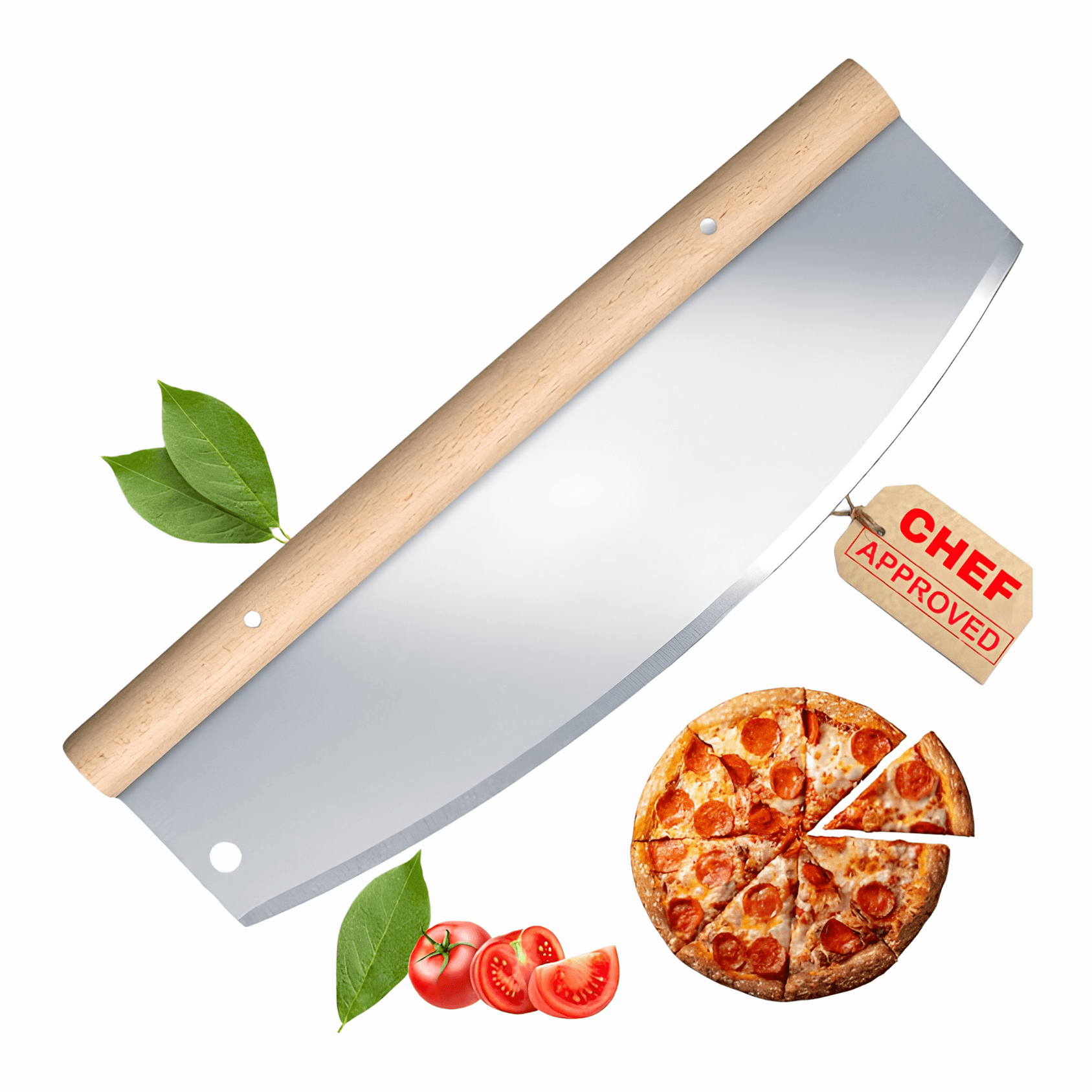 OakChef 32cm Stainless Steel Pizza Rocker Cutter with Wooden Handle