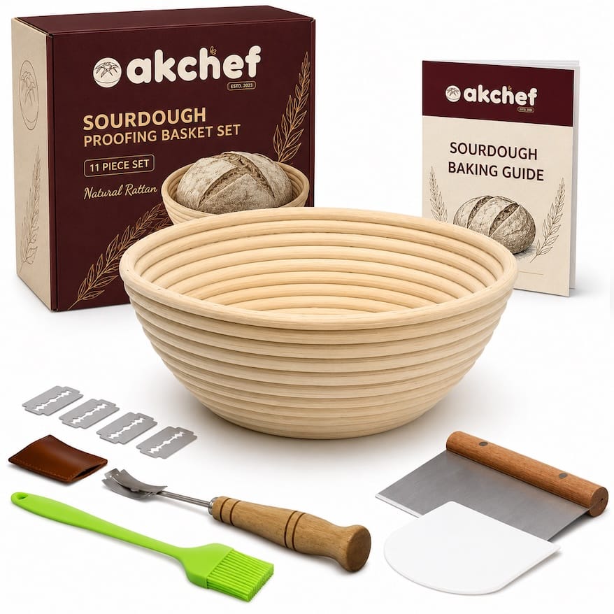 OakChef 9-Inch Banneton Bread Proofing Basket 11-Piece Sourdough Baking Kit